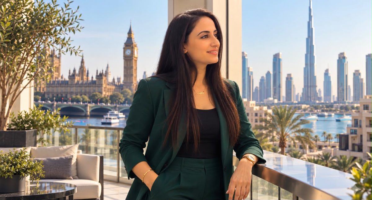مهك بت، مؤسِّسة MKB ورئيستها التنفيذية، على شرفة تطل على أفق لندن ودبي